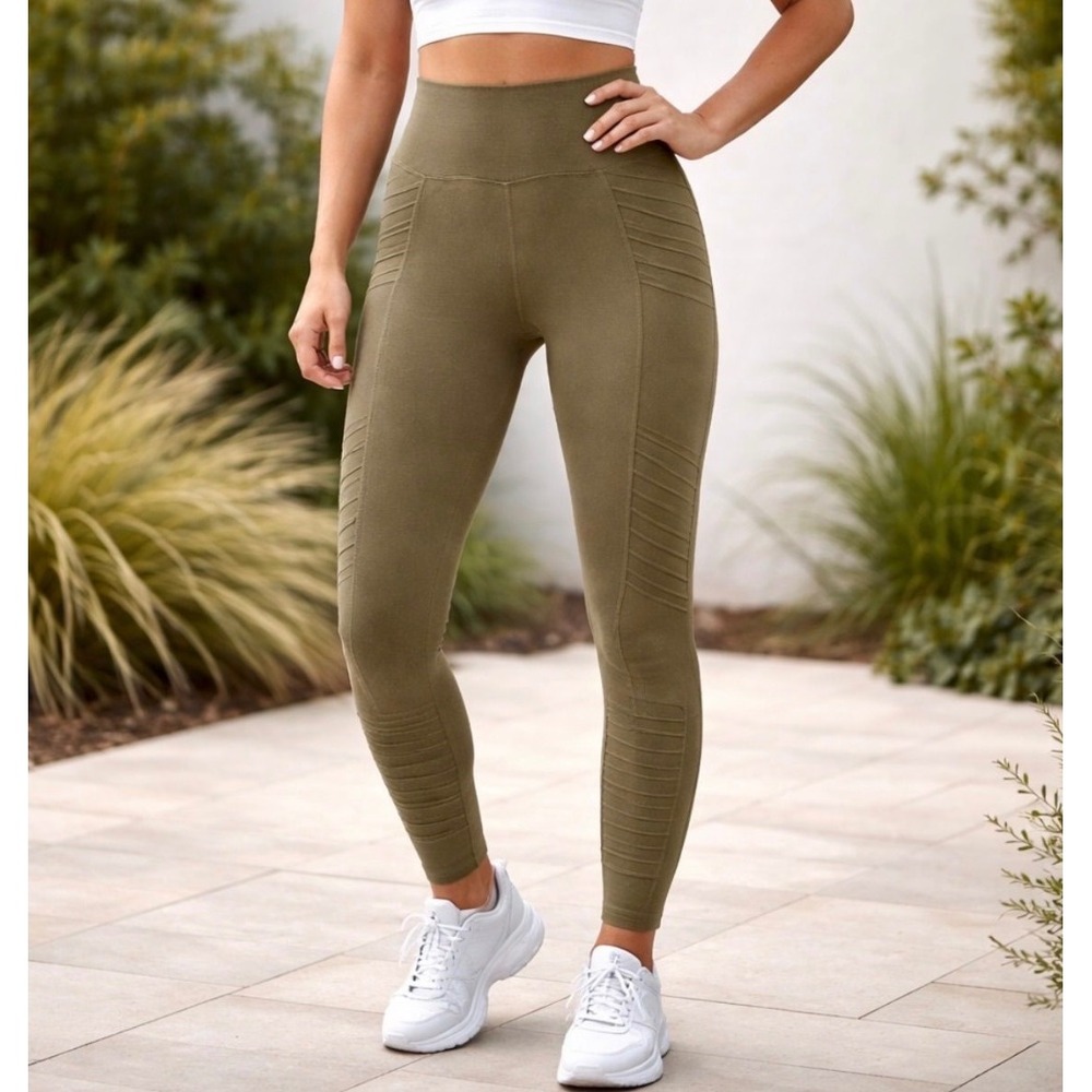 Pact Moto Leggings Small Olive Green High Waisted Organic Cotton Ribbed Biker